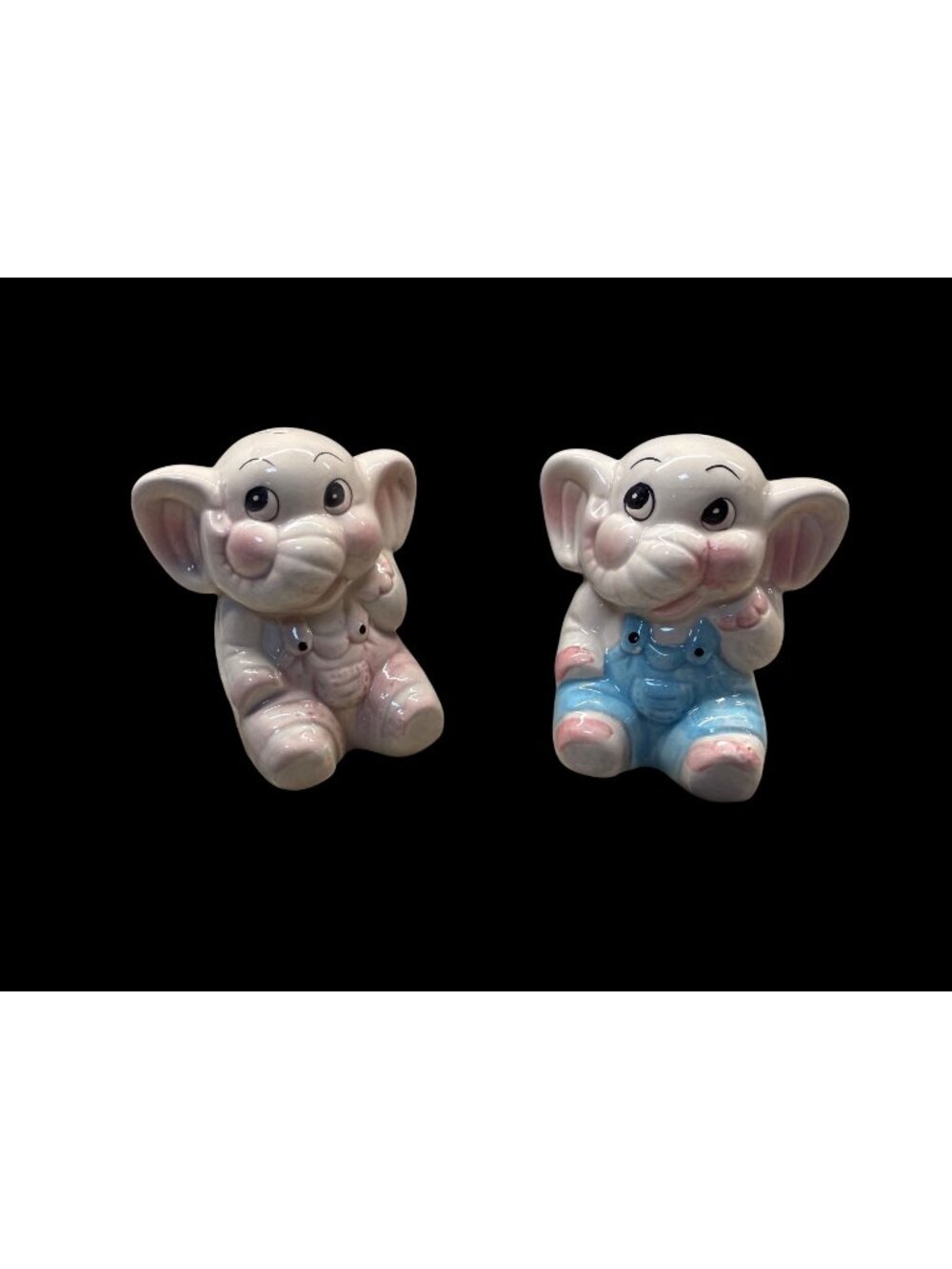 Vintage Anthropomorphic Elephant Salt Pepper Shakers Pink Blue Ceramic kitschy